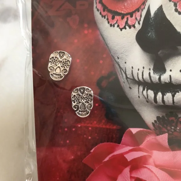 Skeleton Sugar Skull Day Of The Dead Halloween Dia de Los Muertos Post Earrings - Picture 3 of 11